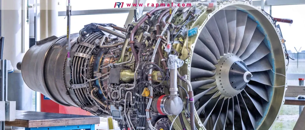 A close-up photograph of a modern jet engine undergoing assembly or maintenance, featured in Rapmaf's buyer's guide. The image highlights the incredible real-world complexity, showcasing the intricate network of pipes, wiring, actuators, and precision components that make up the engine's exterior.