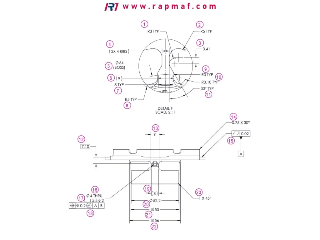 A detailed engineering drawing of a complex aerospace component with numerous numbered callouts, a foundational element in Rapmaf's traceability process. These numbered balloons are used for a First Article Inspection (FAI) report, linking every critical feature back to the design specification for zero-tolerance quality control.
