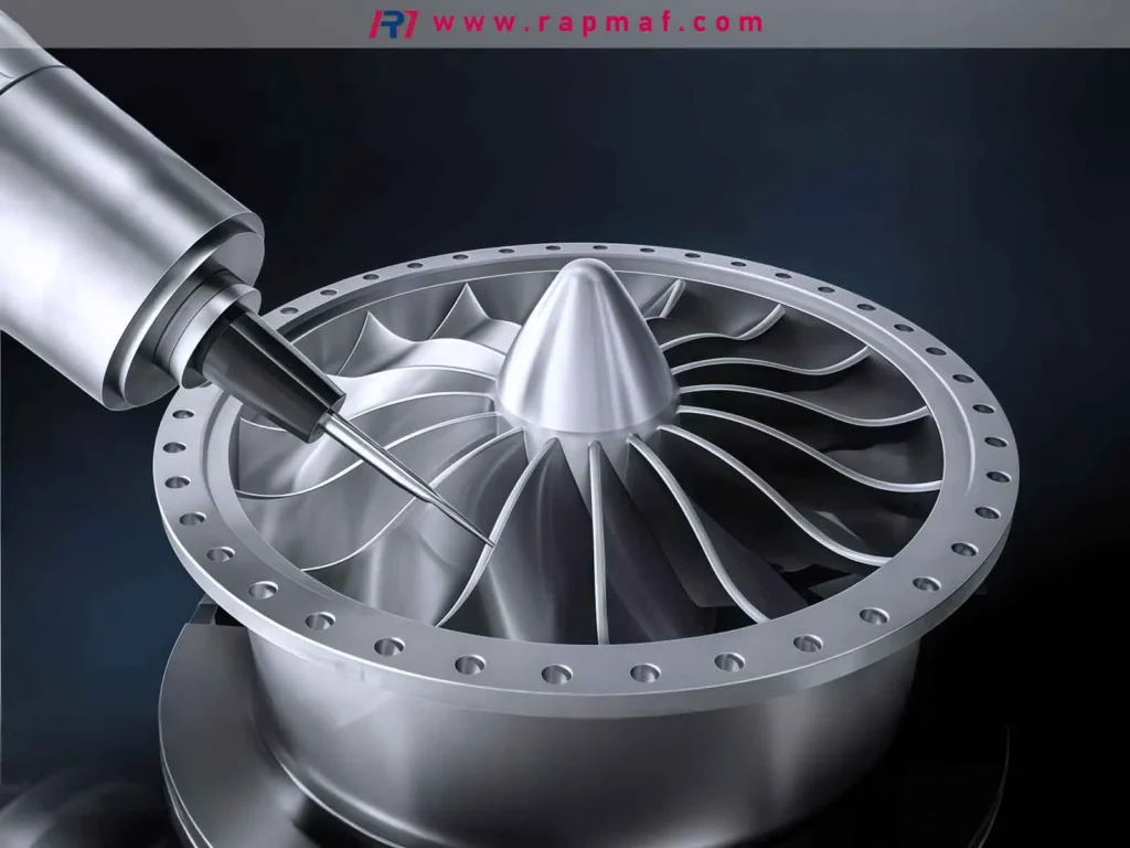 A CMM (Coordinate Measuring Machine) probe meticulously inspecting the complex surface of a CNC machined jet engine blisk (bladed disk), a key image from Rapmaf's guide on aerospace traceability. This automated inspection process ensures zero tolerance for error by creating a detailed digital report for full part traceability.