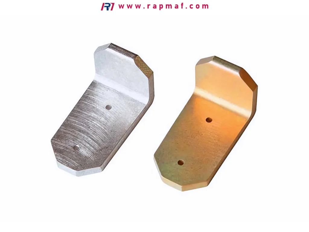 A side-by-side comparison of two identical aerospace brackets from Rapmaf, illustrating a critical traceability step. One bracket shows a raw machined finish, while the other has a gold-colored protective coating (e.g., zinc chromate or anodizing) for corrosion resistance, a process that is meticulously documented.