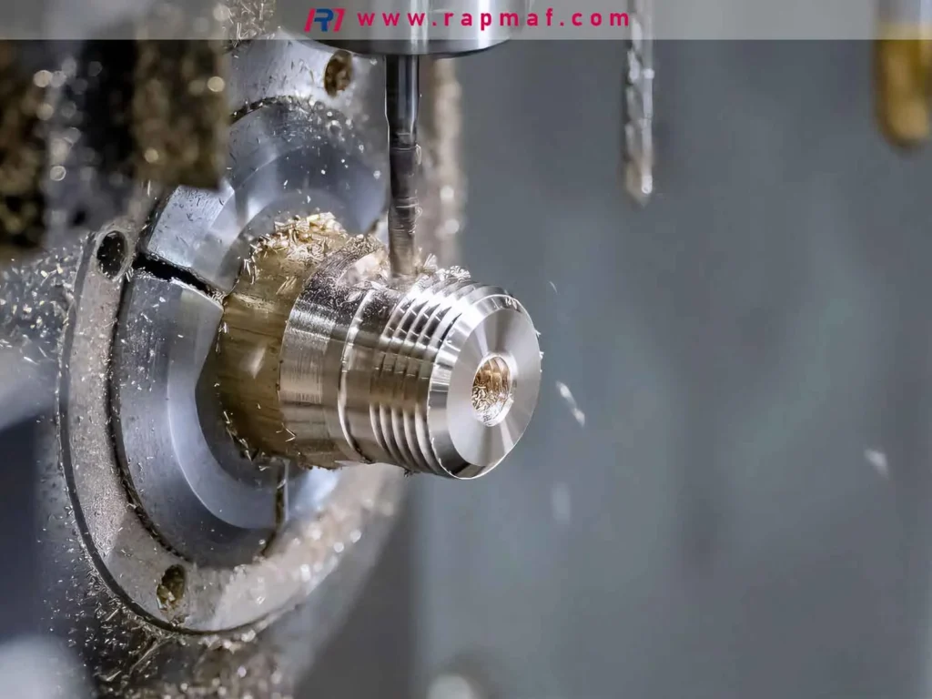A dynamic close-up of a CNC machine actively manufacturing a precision component from brass, a process used by Rapmaf. The image captures the end mill cutting threads and creating chips, symbolizing the creation of high-quality, reliable parts essential for the medical device industry.