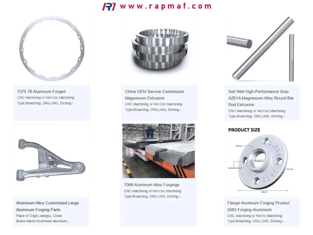 A product showcase from Rapmaf featuring a variety of high-quality precision components relevant to the medical device industry. The collage includes a 7075 T6 aluminum forged ring, magnesium extrusions, aluminum alloy forgings, and a 5083 aluminum flange, demonstrating diverse manufacturing capabilities.