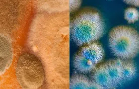 A high-magnification macro photograph showing the detailed, fibrous texture of different biological mold colonies, illustrating the fungal definition of the word 'mold' or 'mould' discussed in the article.