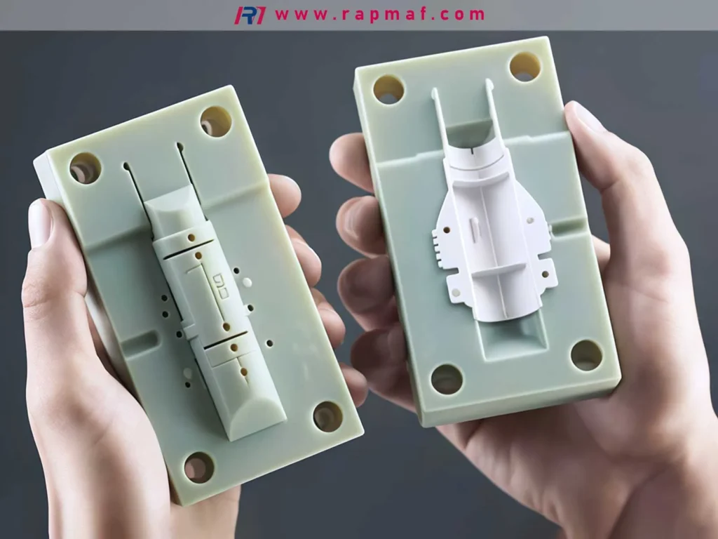 A technician holding the two halves of a detailed silicone mold (or mould), used for rapid prototyping or casting urethane parts. This showcases another type of tooling in the industrial sense of the word, a key service provided by Rapmaf.