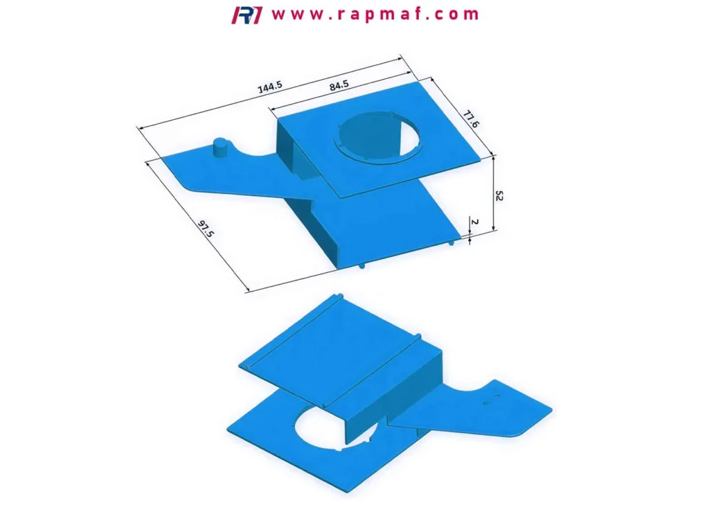 A technical engineering drawing and 3D CAD model of a precision sheet metal part, representing the design phase before manufacturing with an industrial 'mold' or tool. This illustrates the precision engineering context of the word.