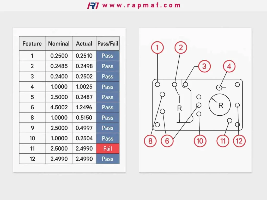 A Rapmaf quality control graphic comparing a technical drawing with numbered features to a first article inspection (FAI) report, showing how each dimension is measured and validated, with one feature highlighted in red as 'Fail' to show process rigor.