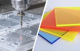 Una imagen comparativa que muestra los dos mundos del acrílico: a la izquierda, una máquina CNC perfora con precisión una lámina de acrílico transparente y, a la derecha, una pila de láminas de PMMA coloridas muestra su versatilidad estética.