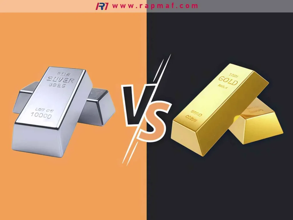 A direct visual comparison of shiny silver bars on an orange background versus lustrous gold bars on a black background, illustrating the two precious metals at the center of the silver vs. gold melting point debate.