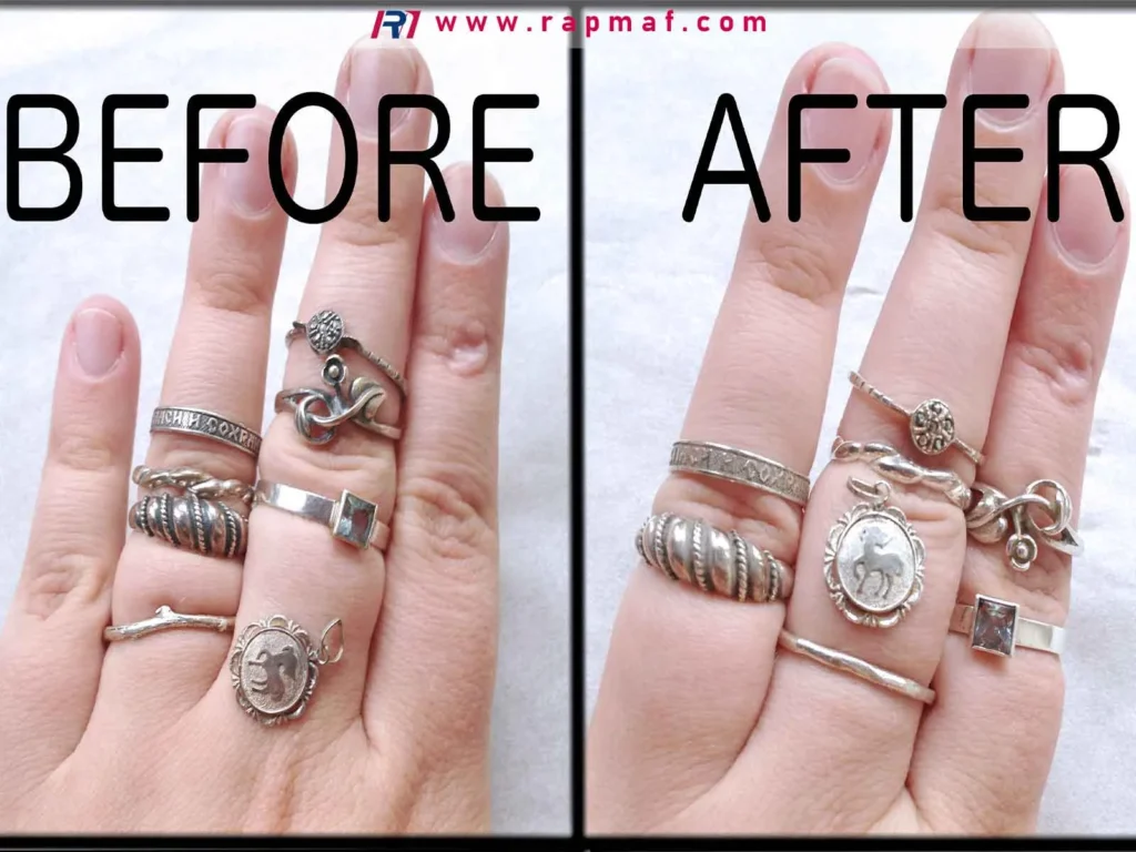 A before-and-after comparison showing a hand with tarnished, dull silver rings on the left, and the same rings looking clean and shiny after polishing on the right, demonstrating silver's tendency to oxidize.