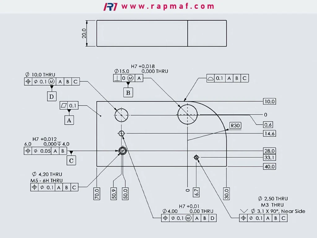 A comprehensive and detailed engineering drawing from Rapmaf, showcasing multiple GD&T feature control frames used to define the precise geometric tolerances for a complex machined part.