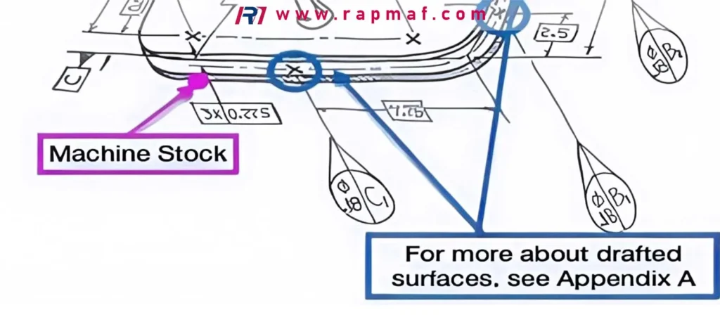 A close-up of a complex engineering drawing with callouts highlighting the difference between machine stock and considerations for drafted surfaces, a common source of mistakes in GD&T.