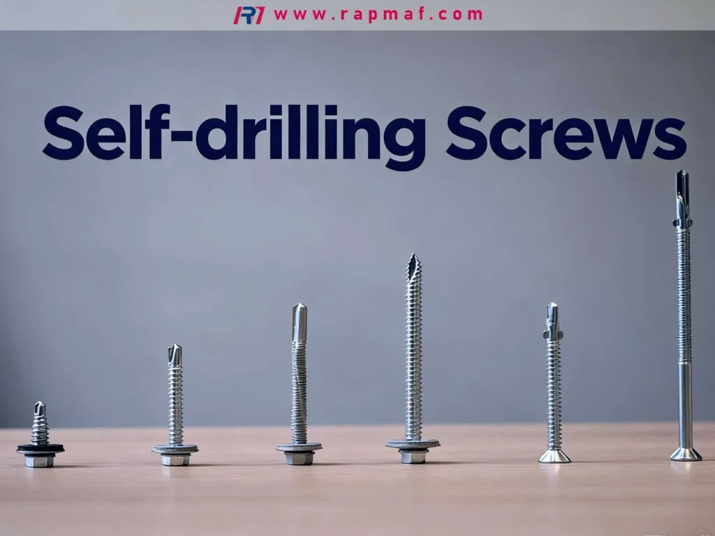 A Rapmaf image showcasing a lineup of various types of self-drilling screws, highlighting the integrated drill bit tip that eliminates the need for a pilot hole in metal.