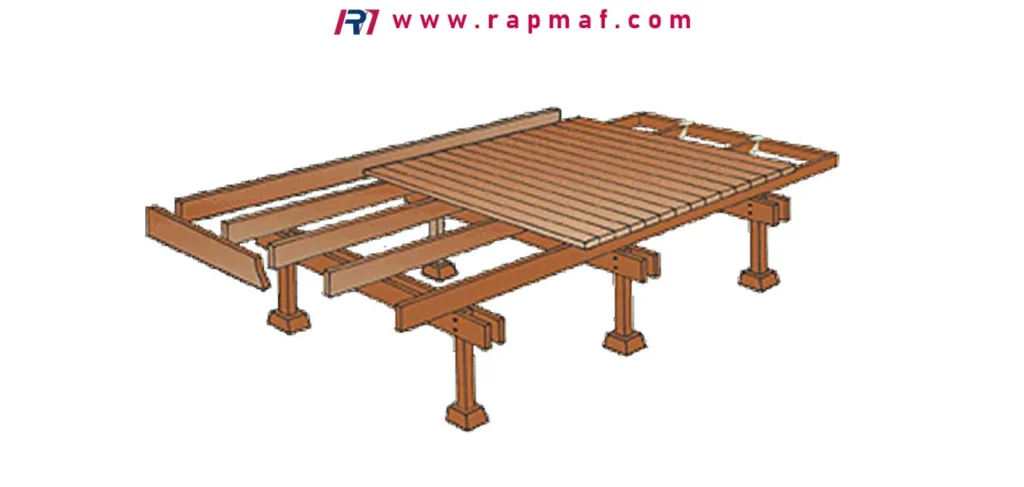 A 3D rendering from Rapmaf illustrating the construction of a wooden deck frame, a common application where correctly sized pilot holes for screws are critical for structural integrity.