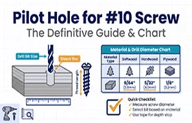 A comprehensive infographic by Rapmaf explaining how to drill a pilot hole for a #10 screw, including a diagram of the process and a chart with correct drill bit diameters for softwood, hardwood, and plywood.
