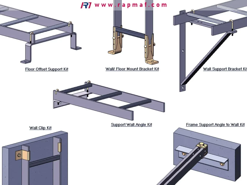 A Rapmaf image displaying a collection of custom fabricated metal support brackets, such as wall clip kits and support angle kits, which rely on proper screw and anchor selection for secure installation.