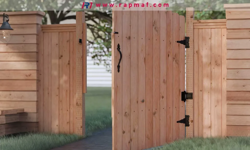 A well-constructed wooden gate from Rapmaf, demonstrating a practical application where using the correct pilot holes for the hinge and latch screws is essential to prevent wood splitting and ensure long-term durability.