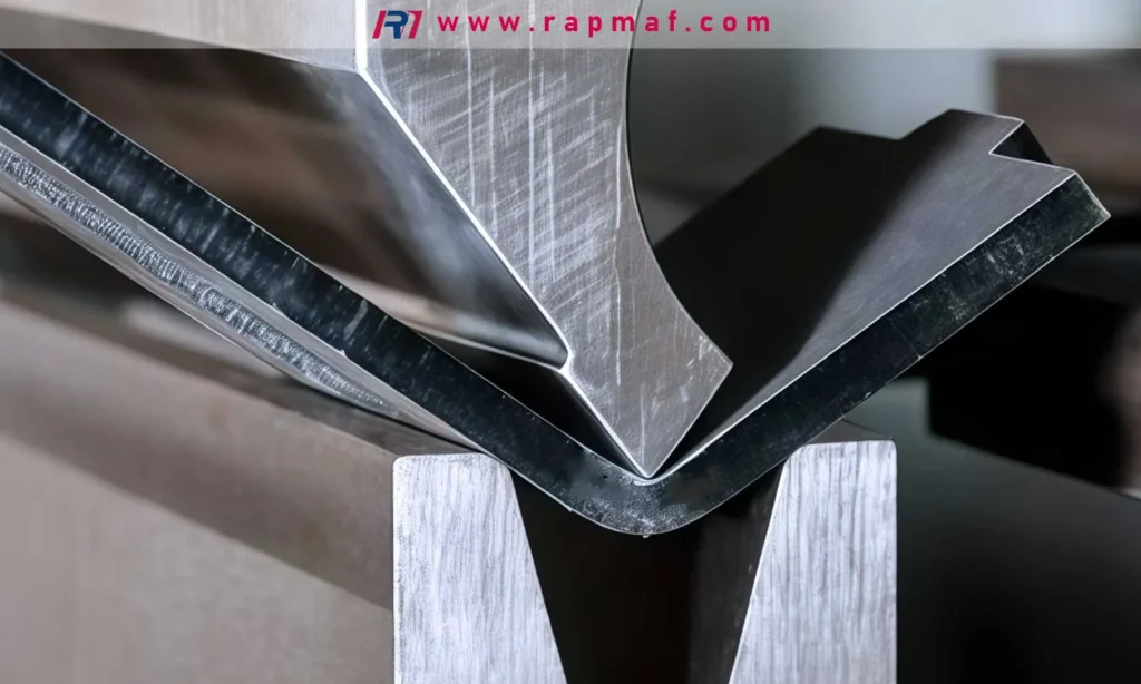 A close-up shot of a CNC press brake precisely bending a sheet of metal, a critical step in sheet metal fabrication where process optimization and accurate tooling can lead to significant cost savings.