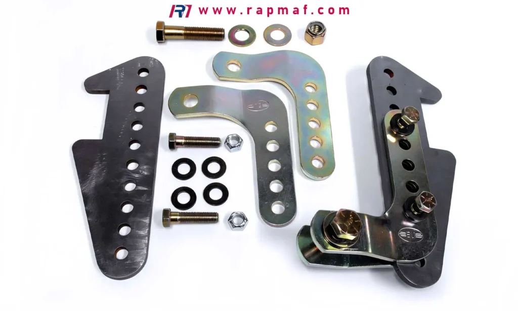 A complete assembly kit fabricated by Rapmaf, featuring multiple custom sheet metal brackets, bolts, washers, and nuts, showcasing a cost-effective kitting service for streamlined client assembly.