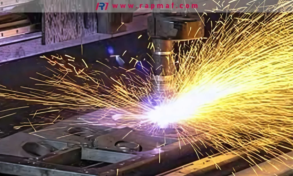 A close-up of a CNC plasma cutter in action, slicing through a thick steel plate and sending a shower of bright yellow sparks, demonstrating a key process in Rapmaf's cost-effective sheet metal fabrication services.