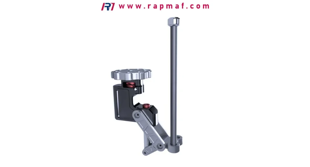 A detailed 3D CAD rendering of a complex mechanical assembly, showcasing Rapmaf's capability in Design for Manufacturability (DFM) to optimize part design and reduce sheet metal fabrication costs.