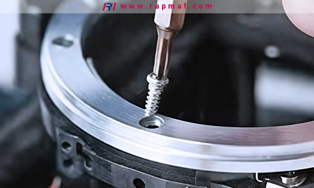 A close-up of a screw being fastened into a precisely tapped hole in a machined aluminum part, illustrating the importance of Design for Assembly (DFA) in reducing overall product cost.