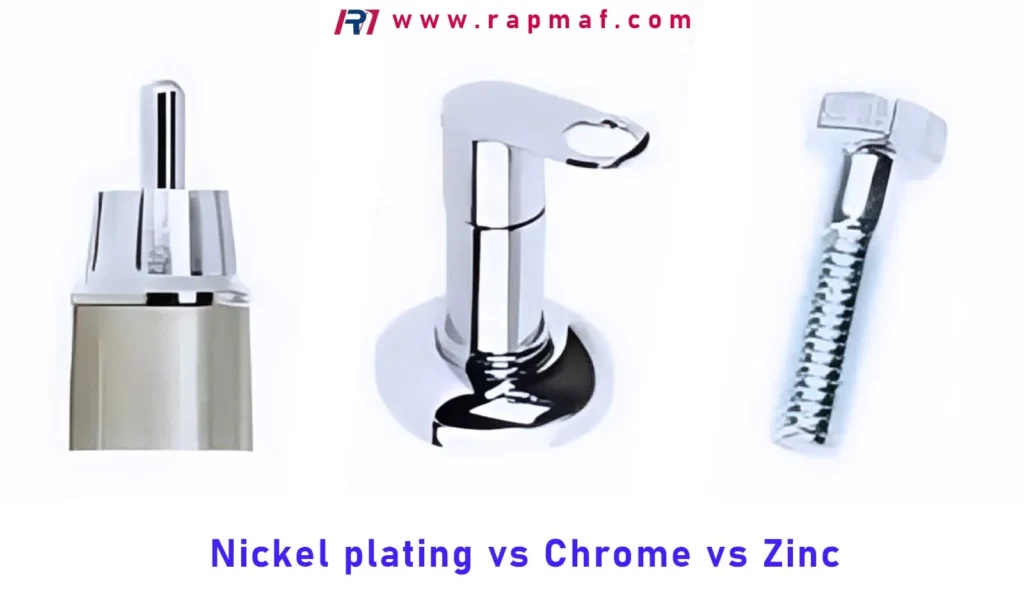 A visual comparison by Rapmaf of three common metal plating options—nickel, chrome, and zinc—highlighting how choosing the right surface finish is a key factor in managing sheet metal fabrication costs.