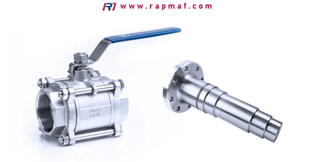 A comparison of two stainless steel components: a standard industrial ball valve and a custom CNC machined flanged shaft by Rapmaf, both chosen for their superior corrosion resistance in demanding applications.