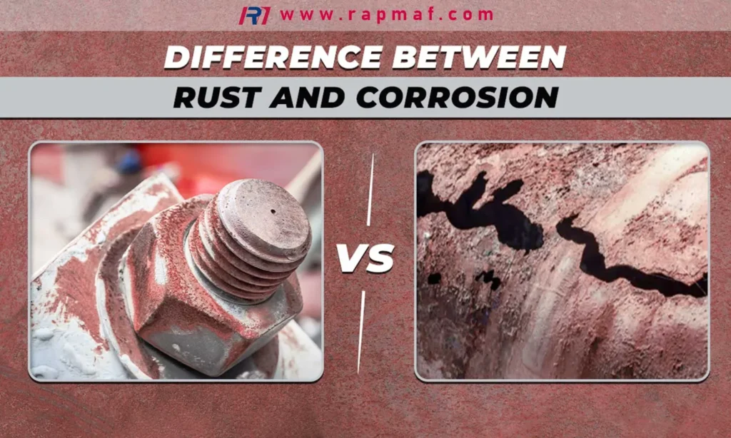 A comparative infographic by Rapmaf illustrating the difference between rust, shown as red iron oxide on a carbon steel bolt, versus general corrosion, a key consideration when choosing between carbon and stainless steel.