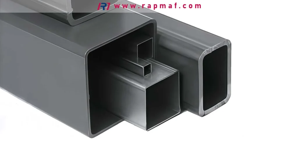 Stacks of carbon steel square and rectangular hollow structural sections (HSS), a common raw material for fabrication and structural components that are often machined for custom applications.