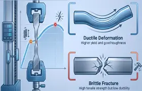 Una ilustración de una prueba de tracción, que muestra la diferencia entre la deformación dúctil (un material que se dobla) y la fractura frágil (un material que se rompe), vinculadas a sus respectivas posiciones en una curva de tensión-deformación.