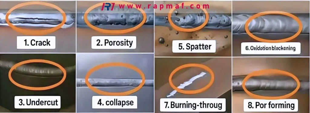 A chart with eight close-up photographs of welding flaws, each labeled with the type of defect, such as 'Crack', 'Porosity', and 'Undercut', which are critical to identify in quality control.