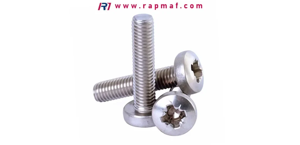 Three precision-machined, stainless steel pan head screws featuring a Torx (star) drive, a high-torque alternative to Phillips or flat heads, manufactured by Rapmaf.