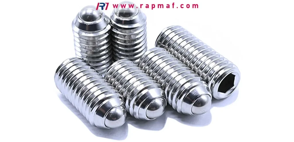 A close-up of several high-quality, stainless steel set screws (grub screws) with a ball point tip and internal hex drive, manufactured by Rapmaf for precision fastening and alignment applications.