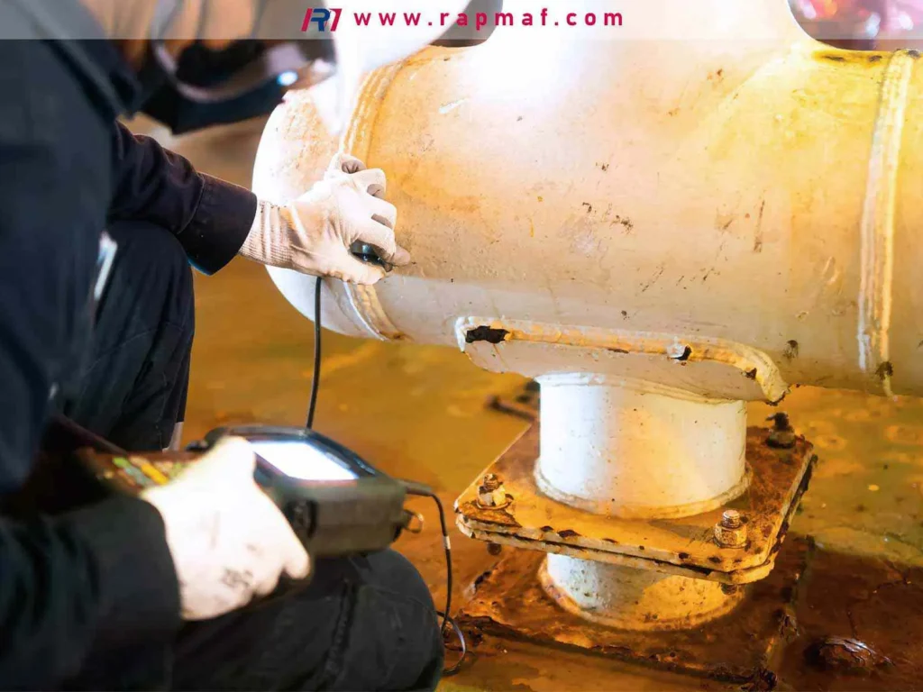 Un inspector de END que realiza un examen no destructivo exhaustivo en un recipiente industrial grande y soldado, utilizando una sonda especializada para garantizar la integridad estructural y la seguridad.