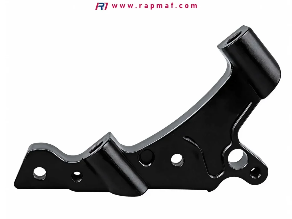 A high-quality, complex CNC machined bracket with a black anodized finish, produced by Rapmaf, demonstrating the precision and aesthetic quality achievable for custom automotive or industrial components.