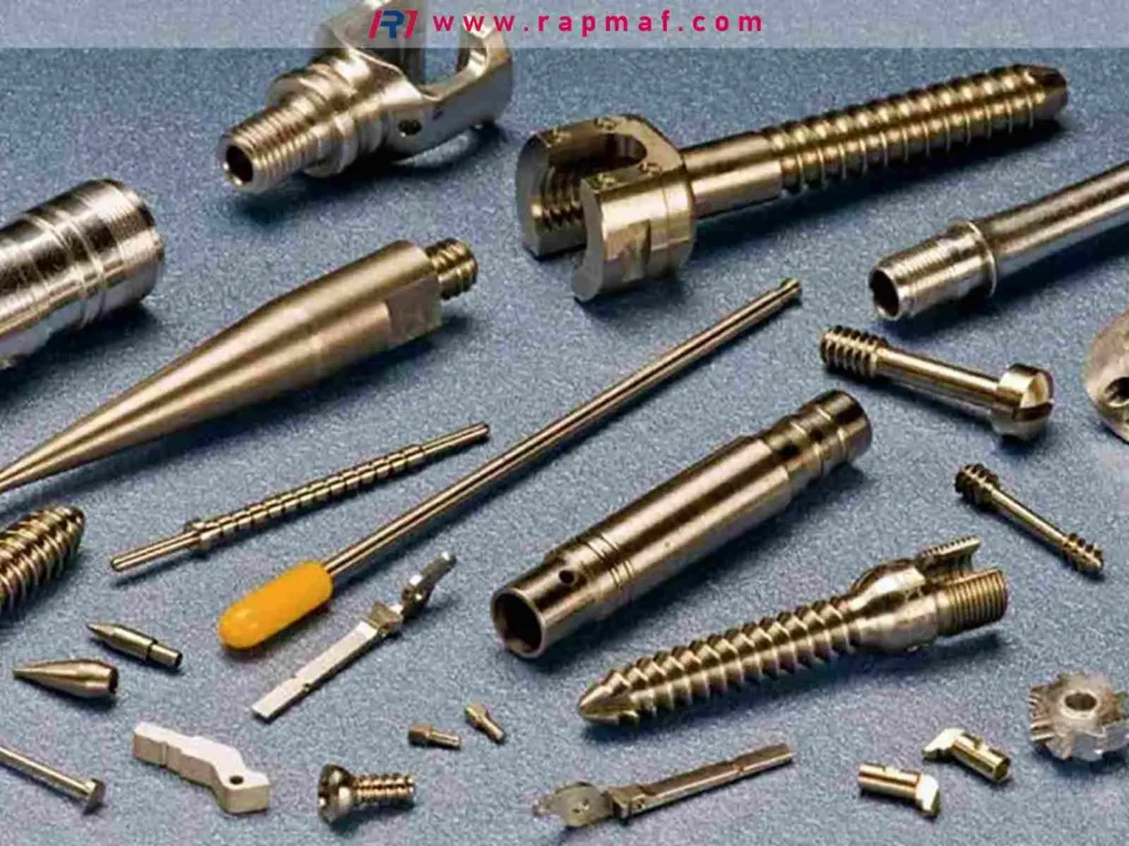An assortment of complex, high-precision CNC machined parts by Rapmaf, including medical screws, dental implants, and custom fasteners, showcasing the capability to produce intricate components with tight tolerances.