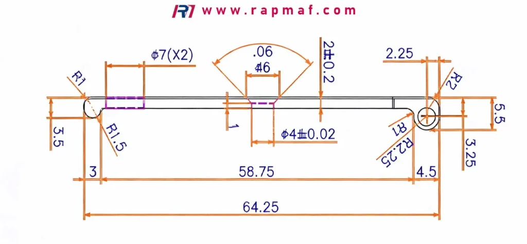 A detailed 2D engineering drawing of a custom CNC machined part, with all critical dimensions, radii, and tight tolerances specified, serving as the essential blueprint for the manufacturing process.