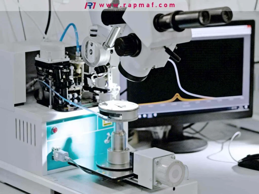 A high-power digital microscope used in the Rapmaf quality control lab for the metrology and inspection of a CNC machined part, verifying critical dimensions and surface integrity.