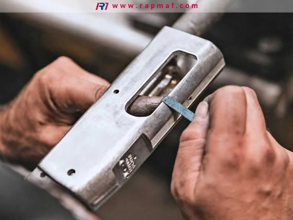 A skilled technician at Rapmaf carefully performing hand finishing and deburring on a complex CNC machined aluminum part to achieve a perfect surface finish and meet tight tolerances.