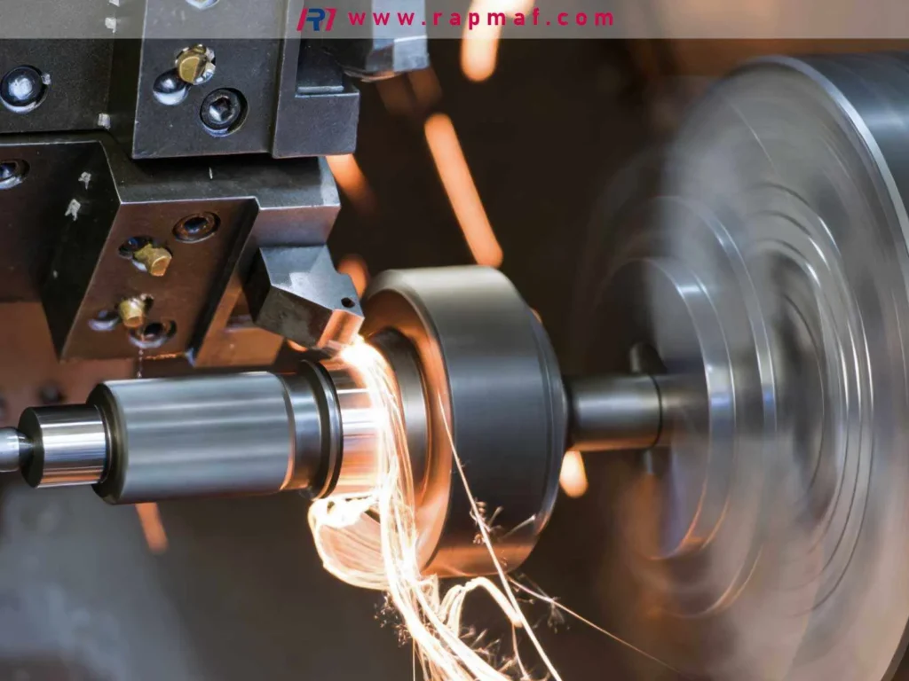 A close-up of a CNC turning operation, where a cutting tool creates glowing hot sparks as it removes material from a rapidly spinning metal workpiece to create a precision part.