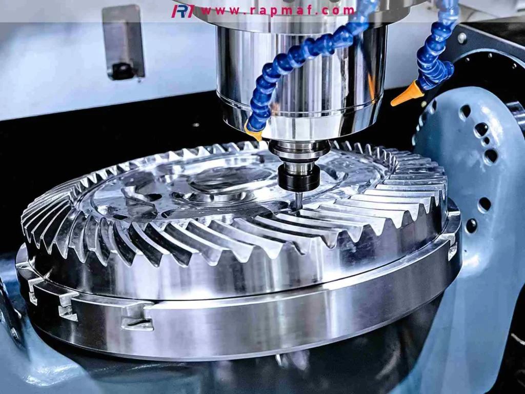 A 5-axis CNC milling machine precisely cutting the teeth of a large, complex bevel gear, demonstrating the capability to manufacture intricate components for industrial machinery.