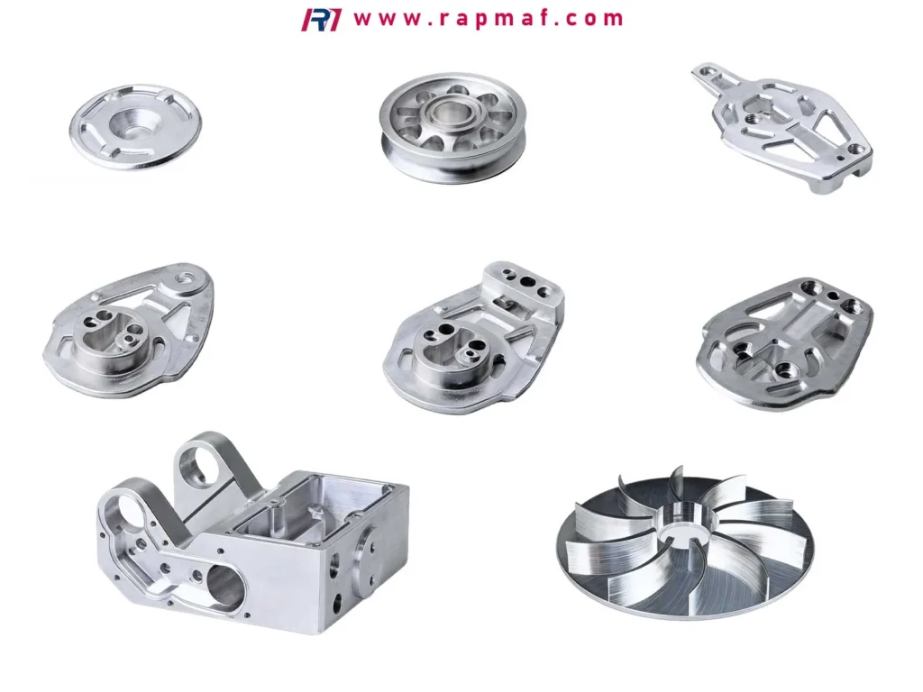 A collection of complex, precision CNC machined aluminum parts, where waterjet cutting is often used for the primary blanking operation to save time and reduce overall manufacturing cost.