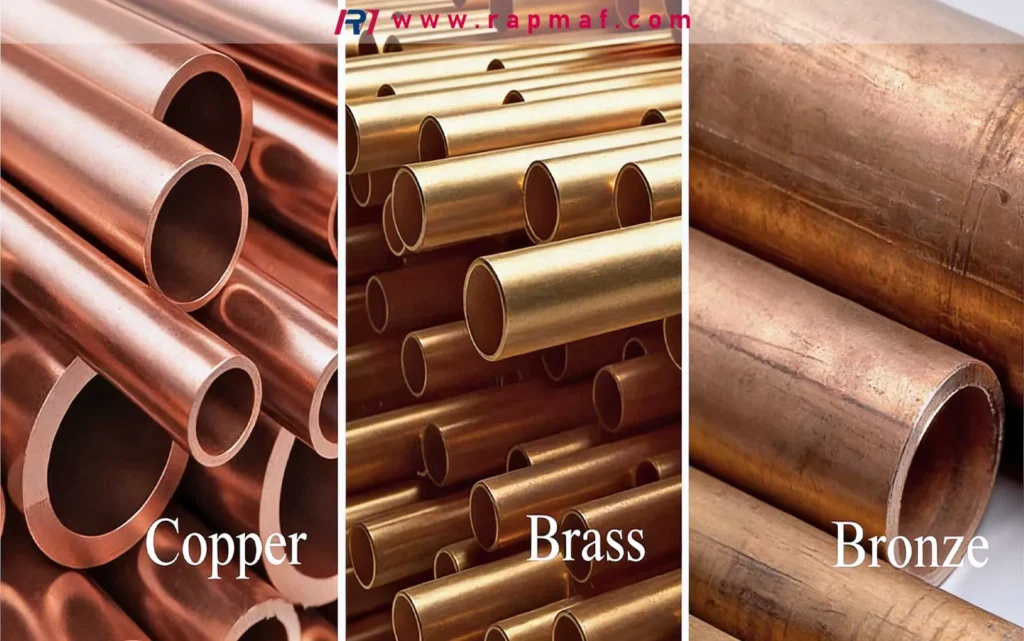 A three-panel comparison by Rapmaf showing the distinct colors of copper, brass, and bronze tubing, illustrating how alloying copper with zinc (to make brass) or tin (to make bronze) changes its appearance.