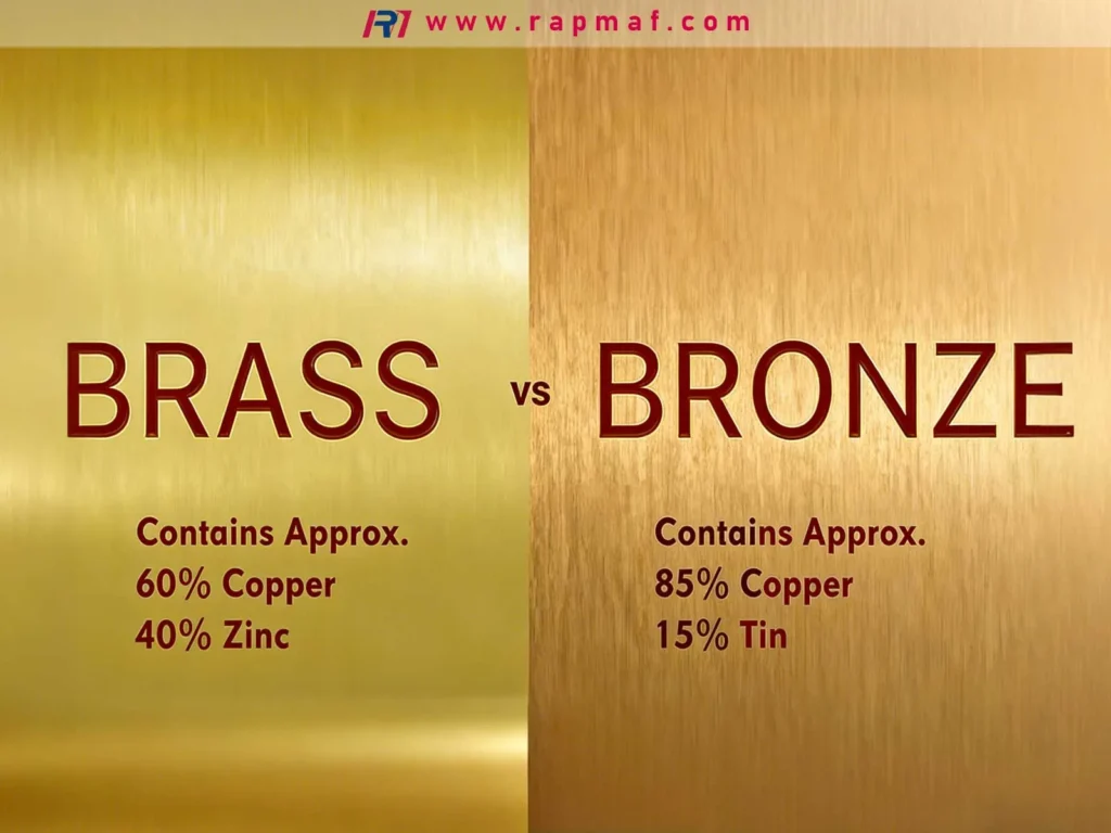 An infographic by Rapmaf comparing the elemental composition of brass versus bronze, showing that brass is an alloy of approximately 60% copper and 40% zinc, while bronze is an alloy of approximately 85% copper and 15% tin.