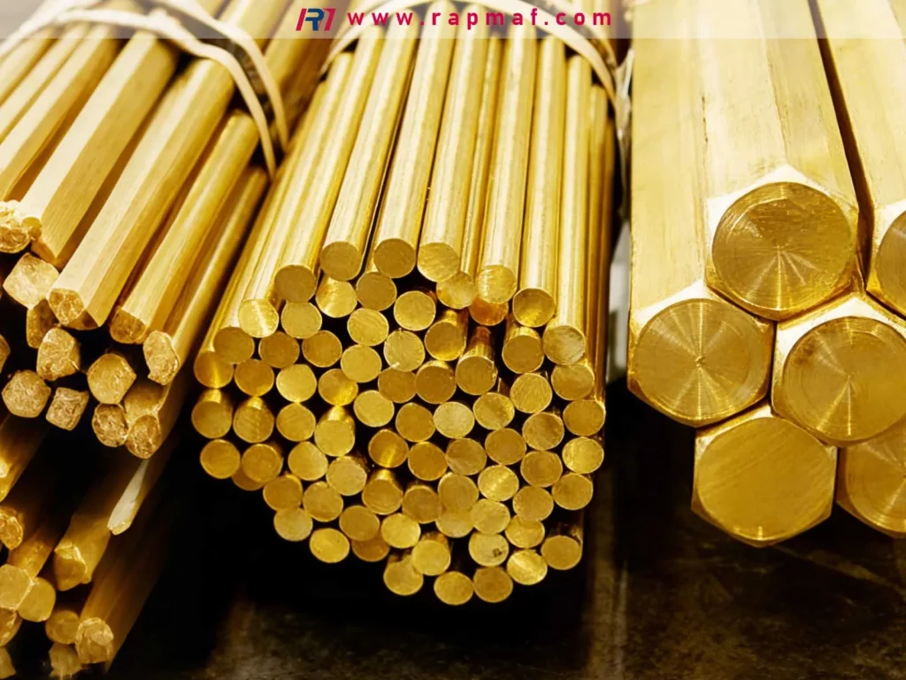 Bundles of high-quality round and hexagonal brass bar stock, the raw material used for manufacturing precision parts, fittings, and fasteners through CNC machining.