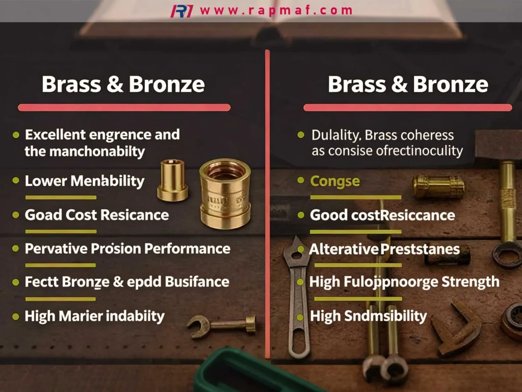 An infographic by Rapmaf comparing the key engineering properties of brass versus bronze, highlighting differences in machinability, cost, corrosion resistance, and strength.