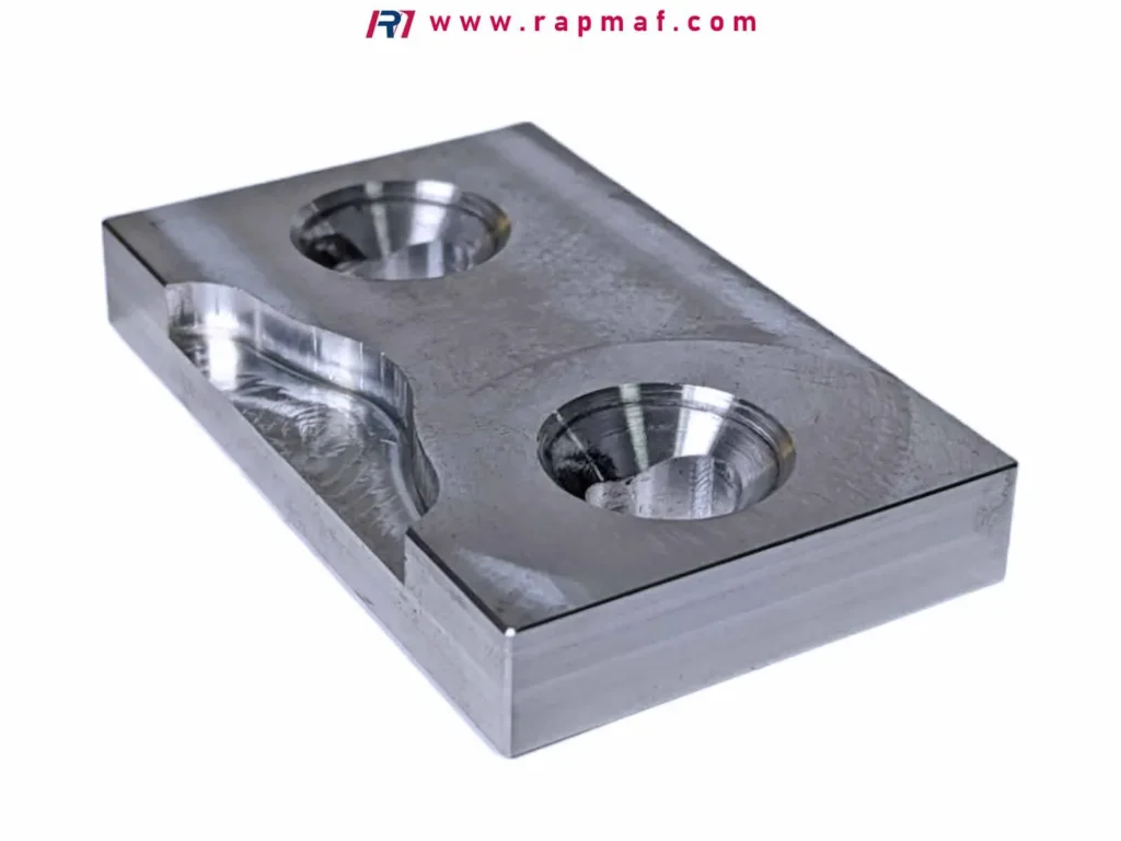 A precision machined steel injection mold half, the tooling used to mass-produce custom HDPE plastic parts with high accuracy and repeatability.