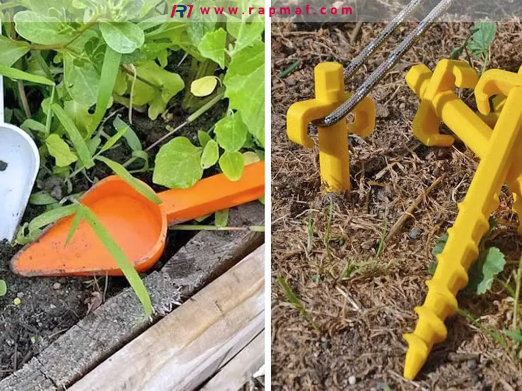 A comparison by Rapmaf showing durable outdoor products made from HDPE plastic: a garden trowel and heavy-duty tent stakes, demonstrating the material's toughness and weather resistance.