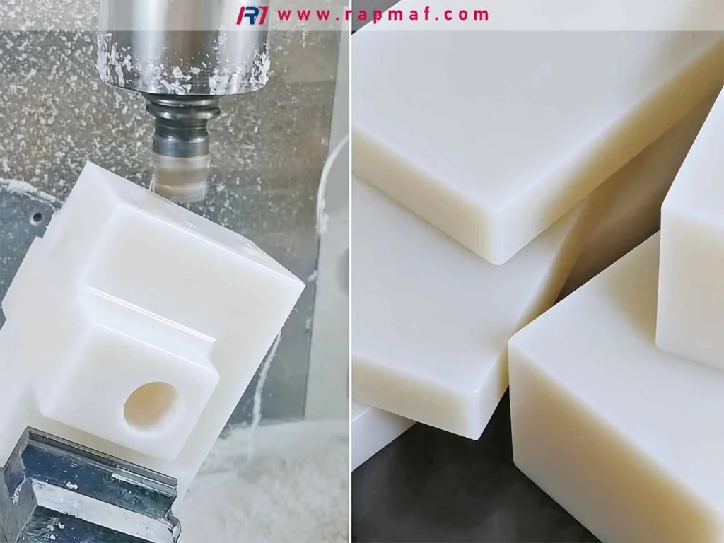 A comparison by Rapmaf showing the CNC machining process for HDPE: a milling cutter shaping a custom part on the left, and a stack of finished, high-quality HDPE blocks on the right.