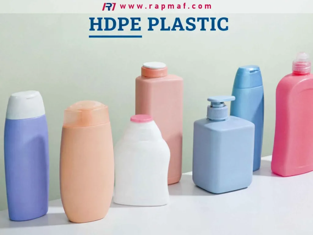 A Rapmaf banner image showcasing various cosmetic and soap bottles all made from durable and versatile HDPE plastic, a key material in blow molding and custom packaging.